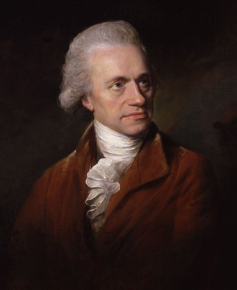 William Herschel (1785, Öl auf Leinwand) Ölgemälde eines Mannes mit lockigen, grauen Haaren und einer langen Nase. Er trägt ein weißes Halstuch und einen braunen Herrenrock.