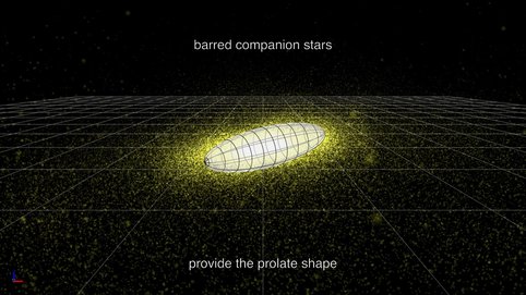 The formation of an elliptical galaxy in prolate rotation. The mechanism shown here was proposed by Athanasia Tsatsi and her colleagues in order to explain the recent discoveries of galaxies of this kind with the CALIFA survey....<br /><em>Video: J. Chang, T. Müller</em>