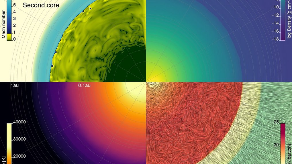 The video illustrates the collapse of a 1 M<sub>☉</sub> molecular cloud core as it transitions through the first and second collapse stages, which lead to the birth of a star.<br /><em>Video: T. Müller, A. Bhandare</em>