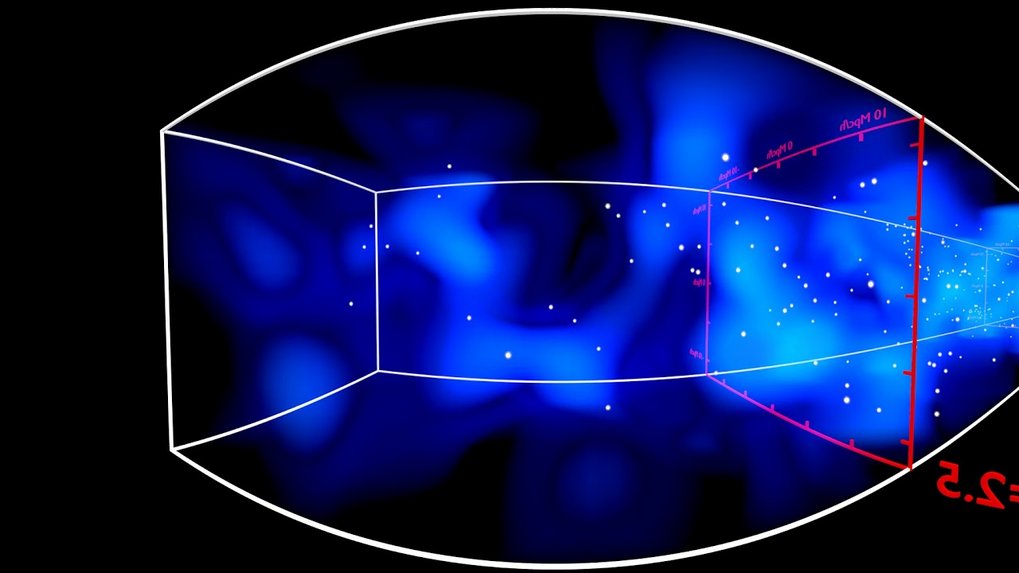 3D tomographic reconstruction of Lyman-alpha absorption (blue) at z=2.05-2.55 within the COSMOS field, using background galaxies and quasars observed with the Keck-I telescope. ...<br /><em>Video: T. Müller, K.G. Lee</em>