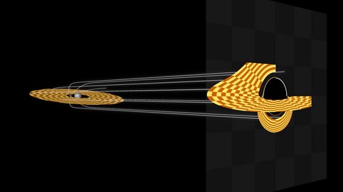 Light rays follow the curved space-time and thus create a distorted image of an accretion disk.<br /><em>Video: T. Müller, M. Pössel</em>