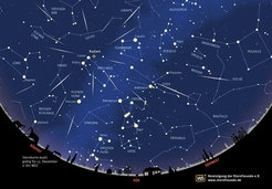 Sternkarte für Mitternacht Mitte Dezember mit Blickrichtung Süden. Im Sternbild Zwillinge ist der Ursprungspunkt der Geminiden-Sternschnuppen mit einem Kreuz markiert