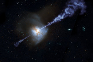 Eine Galaxie etwas links unterhalb der Bildmitte stößt in zwei entgegengesetzte Richtungen einigermaßen fokussiert Material aus