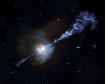 Künstlerische Darstellung: Von einer Galaxie im frühen Universum aus fließt in entgegengesetzte Richtungen Material in die Umgebung. Auslöser ist ein supermassereiches Schwarzes Loch im Zentrum der Galaxie. Eine Galaxie etwas links unterhalb der Bildmitte stößt in zwei entgegengesetzte Richtungen einigermaßen fokussiert Material aus