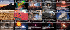 Ankündigung der Vortragsreihe Faszination Astronomie Online mit dem Hashtag FasziAstroOnline immer dienstags und donnerstags um 19 Uhr live und anschließend im Archiv abrufbar, im Hintergrund die Milchstraße über Teleskopkuppeln