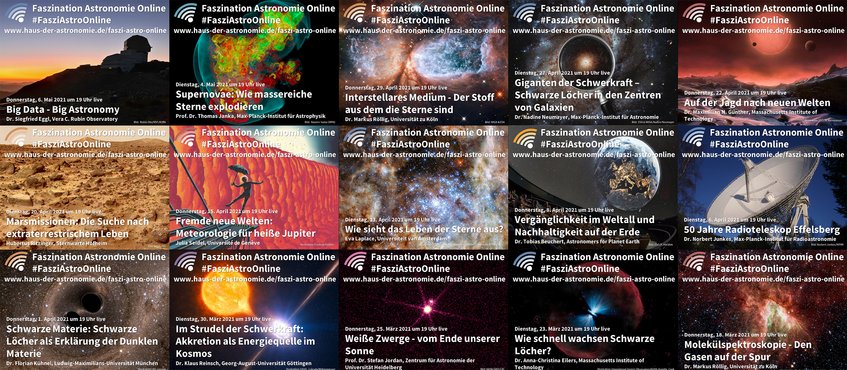 Mosaik aus 15 Vorschaubildern für die Online-Vortragreihe Faszination Astronomie Online