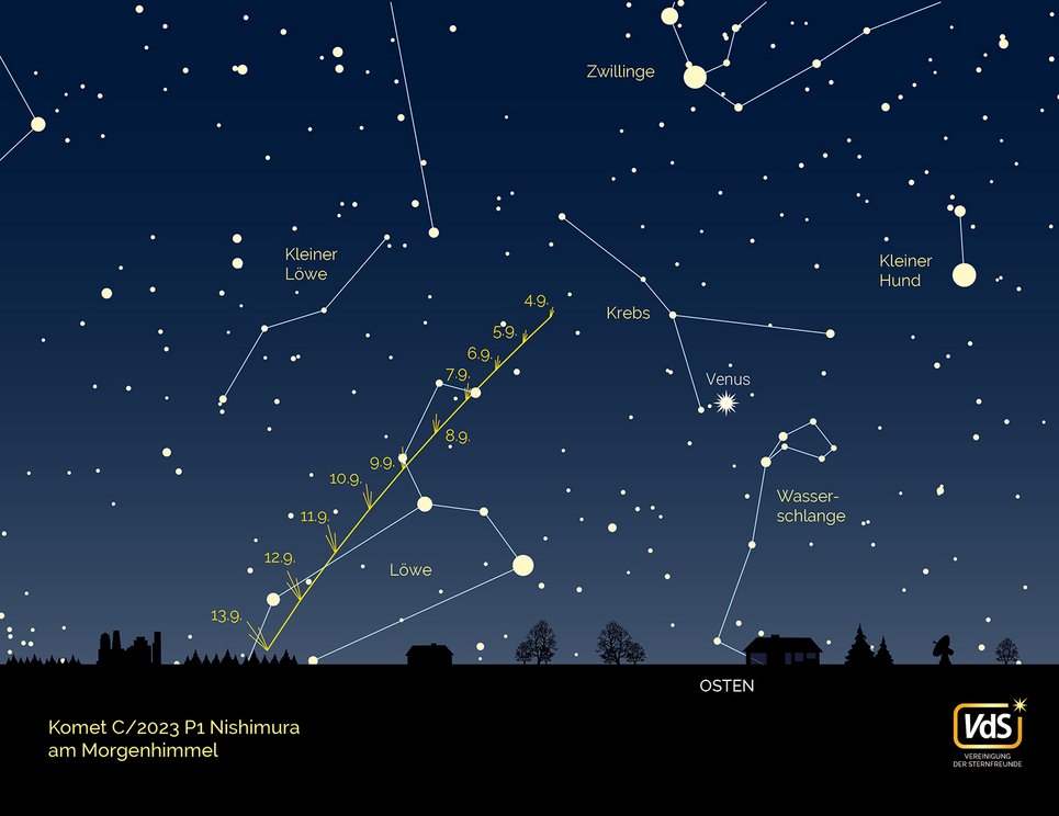 Overview of the eastern sky in the early morning hours in the first half of Spetember 2023, with the position of comet Nishimura in the constellation of Leo 4 - 13 September