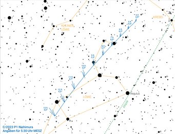 Aufsuchkarte für den Kometen Nishimura im Sternbild Löwe in der ersten Septemberhälfte 2023 Aufsuchkarte für den Kometen Nishimura mit der Position des Kometen im Sternbild Löwe an den Tagen vom 4. bis zum 13. September 2023 eingezeichnet