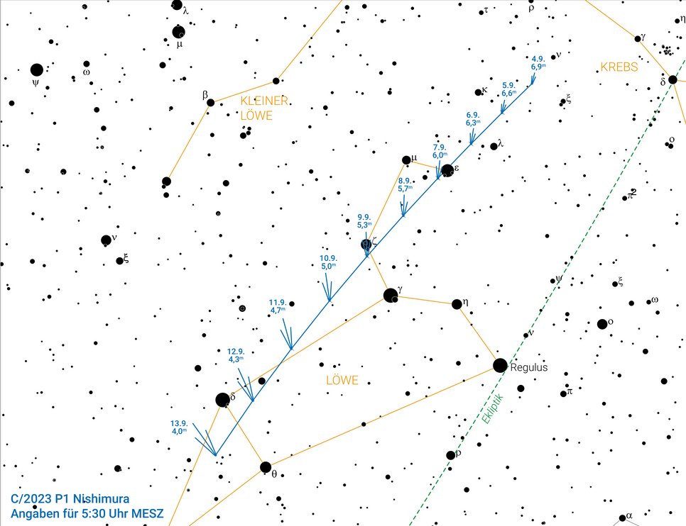 Finding chart for comet Nishimura with the position of the comet in the constellation of Leo marked for 4 - 13 September 2023