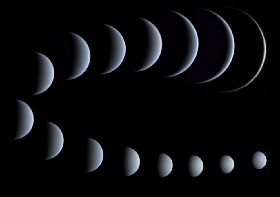 Zeitserie maßstabsgetreuer Ansichten der Phasen der Venus aus 15 Einzelbildern von der schmalen Sichel bis zur viel kleineren, fast vollen Venus