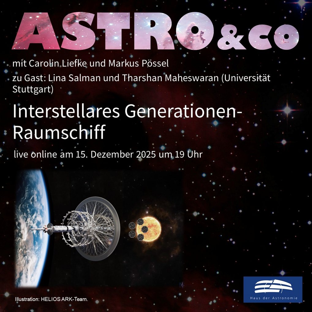 Ankündigung der Online-Talkrunde zum Thema "Interstellares Generationen-Raumschiff" mit Lina Salman, Tharshan Maheswaran, Carolin Liefke und Markus Pössel am 8. Dezember 2025 um 19 Uhr live auf der Facebook-Seite und auf dem Youtube-Kanal des Hauses der Astronomie mit einer künstlerischen Darstellung eines Raumschiffs aus Ringen und einer Scheibe über der Erde und der Sonne im Hintergrund
