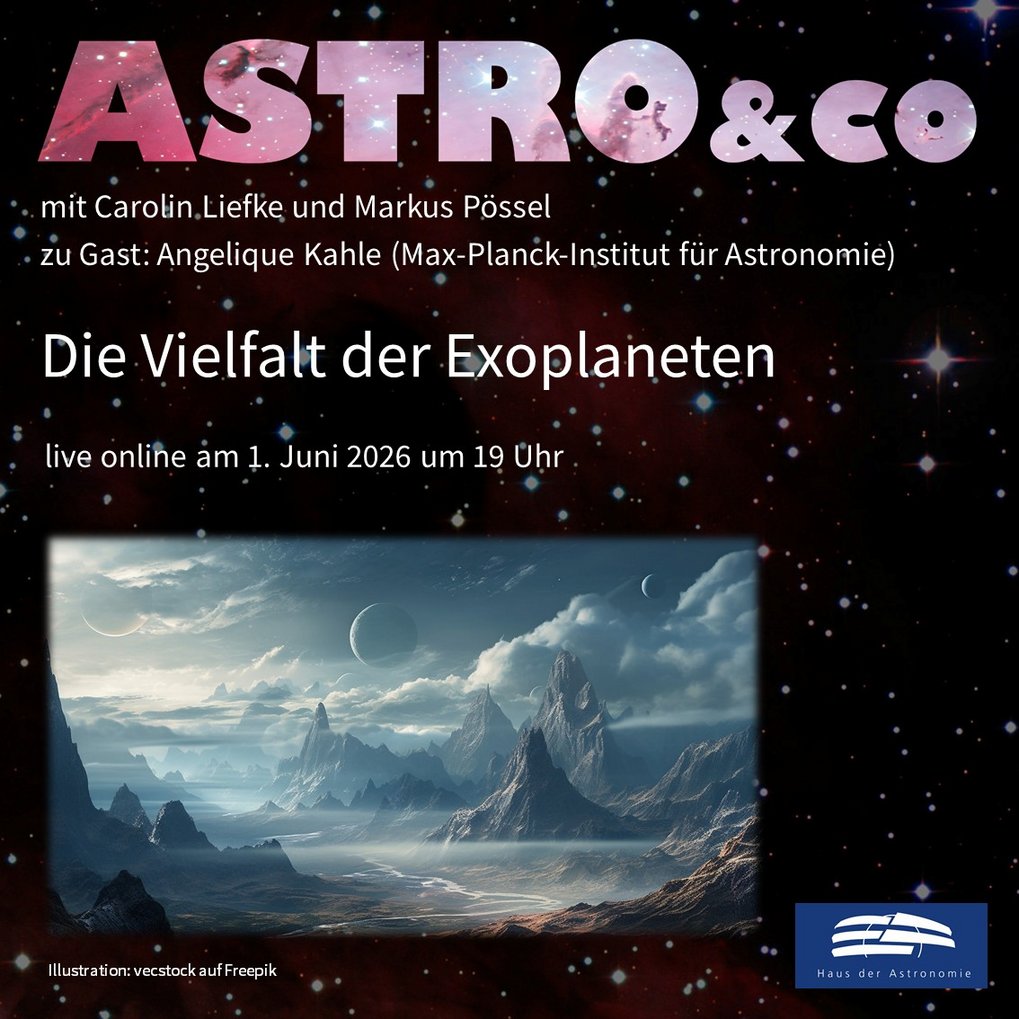 Ankündigung der Online-Talkrunde zum Thema "Die Vielflat der Exoplaneten" mit Angelique Kahle, Carolin Liefke und Markus Pössel am 1. Juni 2026 um 19 Uhr live auf der Facebook-Seite und auf dem Youtube-Kanal des Hauses der Astronomie mit einer künstlerischen Darstellung der Oberfläche einer bergigen Welt mit mehreren Monden