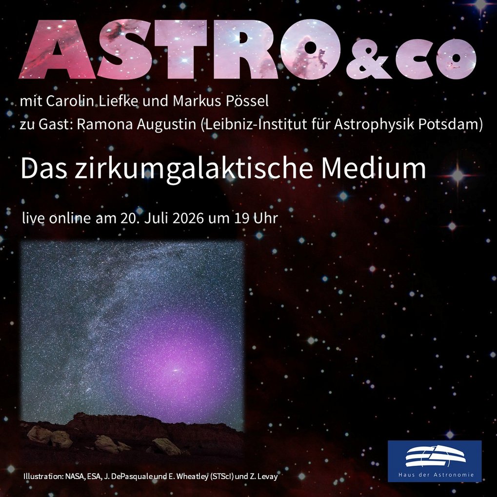 Ankündigung der Online-Talkrunde zum Thema "Das zirkumgalaktische Medium" mit Ramona Augustin, Carolin Liefke und Markus Pössel am 20. Juli 2026 um 19 Uhr live auf der Facebook-Seite und auf dem Youtube-Kanal des Hauses der Astronomie mit einer Ansicht der Milchstraße und der Andromedagalaxie am Sternhimmel. Andromeda ist von einem lila Halo umgeben
