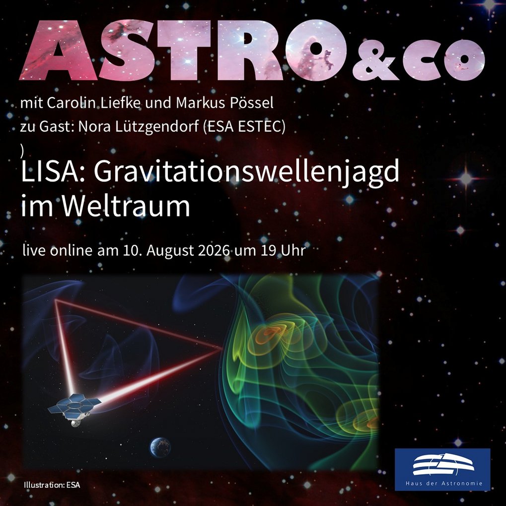 Ankündigung der Online-Talkrunde zum Thema "LISA: Gravitationswellenjagd im Weltraum" mit Nora Lützgendorf und Markus Pössel am 10. August 2026 um 19 Uhr live auf der Facebook-Seite und auf dem Youtube-Kanal des Hauses der Astronomie mit einer Kollage einer Gravitationswellendarstellung und eines Dreiecks, aus Laserstrahlen mit einem Satelliten