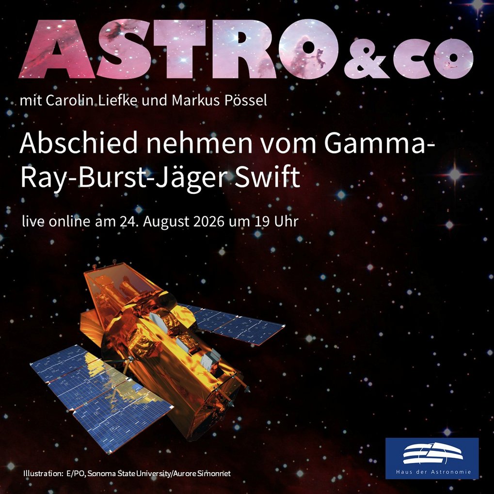 Ankündigung der Online-Talkrunde zum Thema "Abschied nehmen vom Gamma-Ray-Burst-Jäger Swift" mit Carolin Liefke und Markus Pössel am 24. August 2026 um 19 Uhr live auf der Facebook-Seite und auf dem Youtube-Kanal des Hauses der Astronomie mit einer künstlerischen Darstellung des Swift-Satelliten