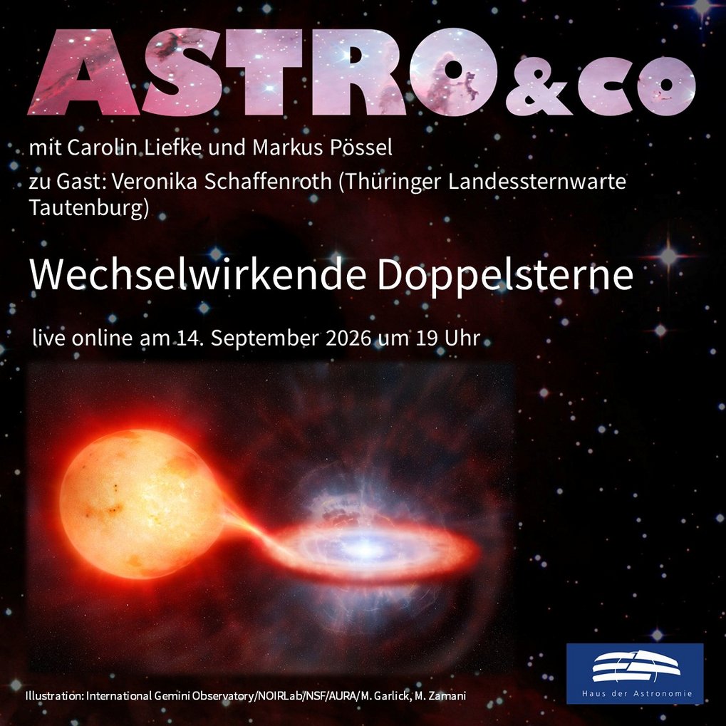 Ankündigung der Online-Talkrunde zum Thema "Wechselwirkende Doppelsterne" mit Veronika Schaffenroth, Carolin Liefke und Markus Pössel am 14. September 2026 um 19 Uhr live auf der Facebook-Seite und auf dem Youtube-Kanal des Hauses der Astronomie mit einer künstlerischen Darstellung eines Roten Riesen, von dem Materie zu einem kleineren Stern überfließt, der von einer Akkretionsscheibe umgeben ist