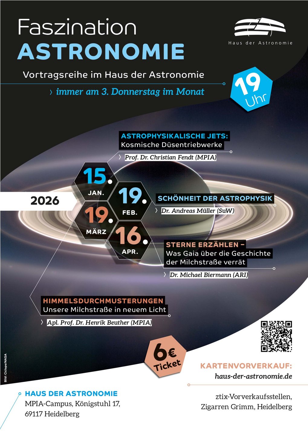 Poster der Vortragsreihe Faszination Astronomie am Haus der Astronomie für die ersten vier Monate des Jahres 2026