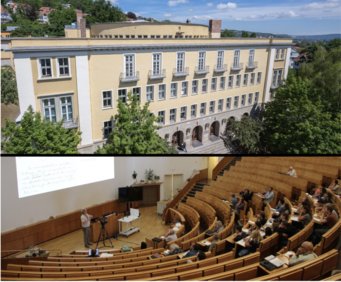 Physik-Hauptgebäude und großer Hörsaal darin, Universität Jena Physik-Hörsaalgebäude der Universität Jena (oben) und großer Hörsaal (unten)