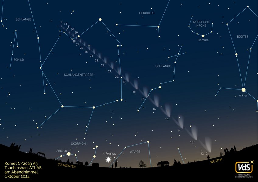 Aufsuchkarte für Komet C/2023 A3 (Tsuchinshan-ATLAS) am Abendhimmel Aufsuchkarte für den Kometen Tsuchinshan-ATLAS für jeden Tag vom 11. bis zum 31. Oktober 2024