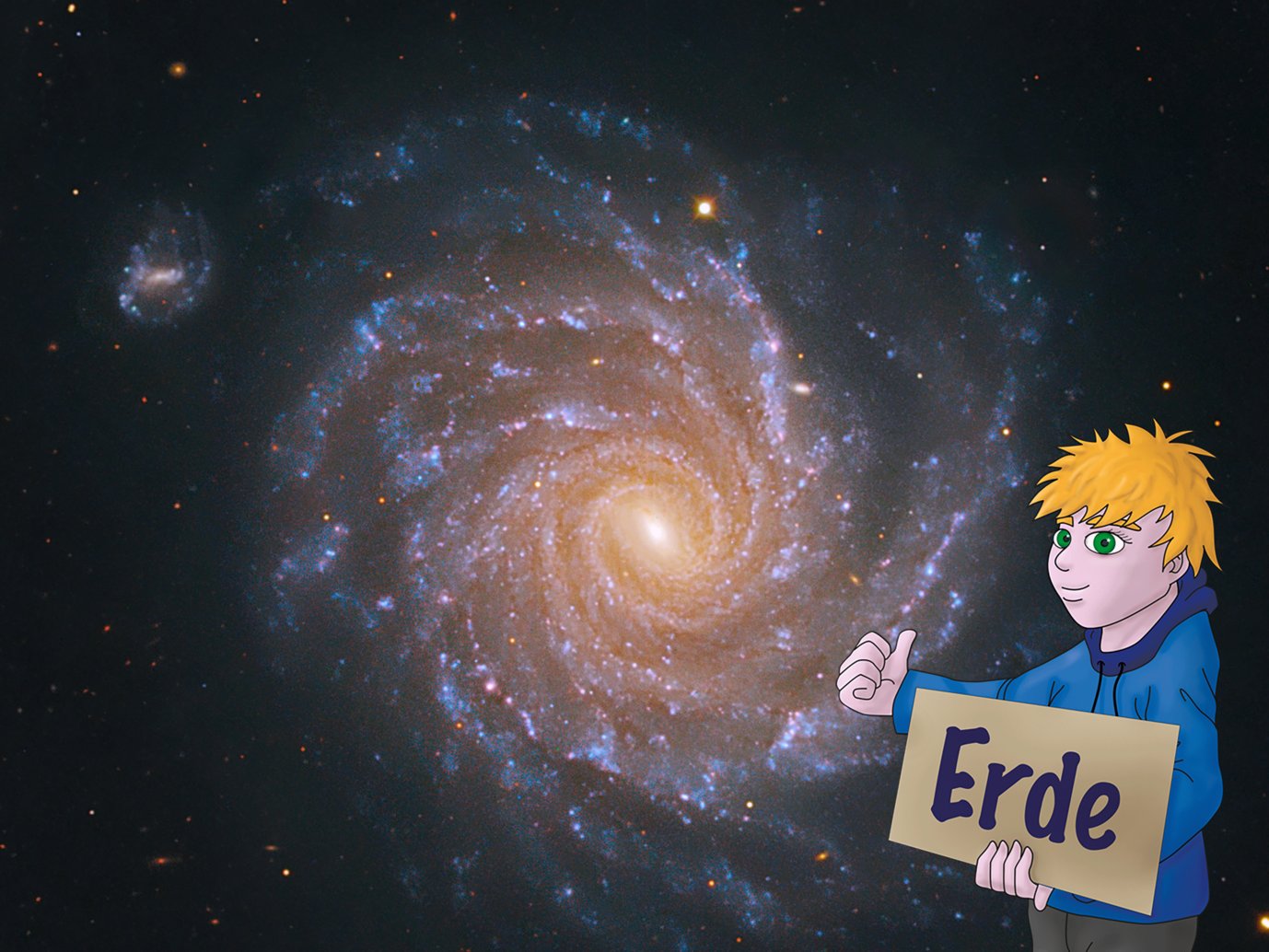 Comiczeichnung eines Jungen, der den Daumen ausstreckt und ein Schild mit der Aufschrift "Erde" hält, im Hintergrund eine Foto einer Spiralgalaxie
