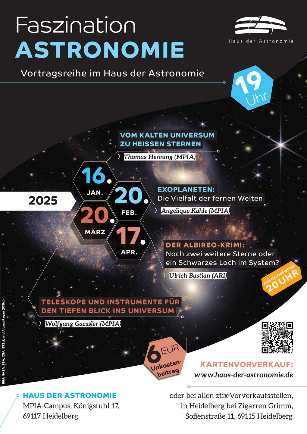 Poster der Vortragsreihe Faszination Astronomie mit den Terminen von Januar bis April 2025