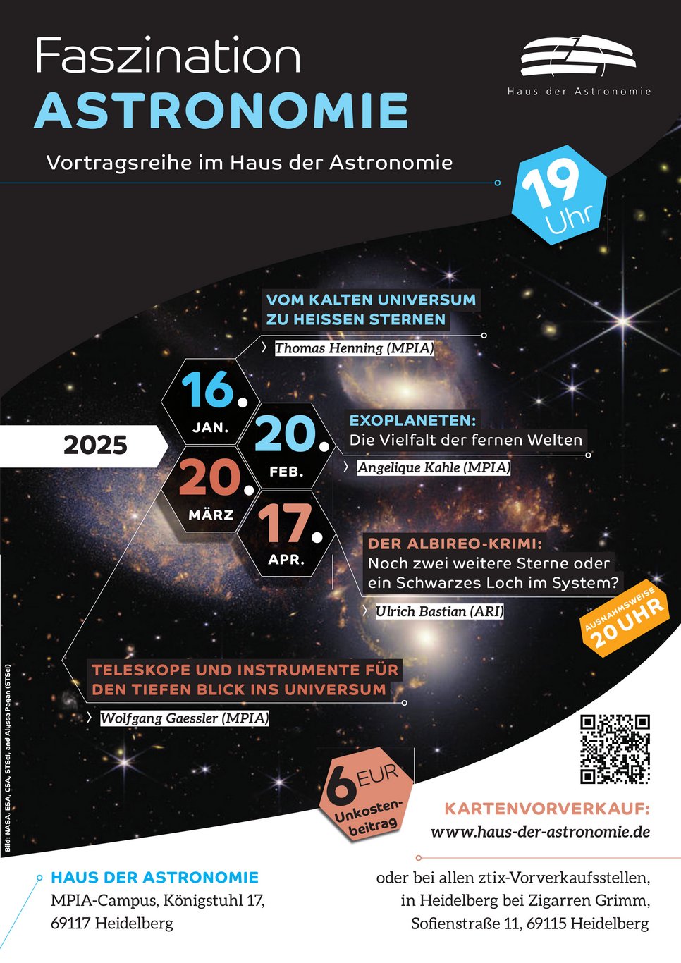 Poster der Vortragsreihe Faszination Astronomie mit den Terminen von Januar bis April 2025
