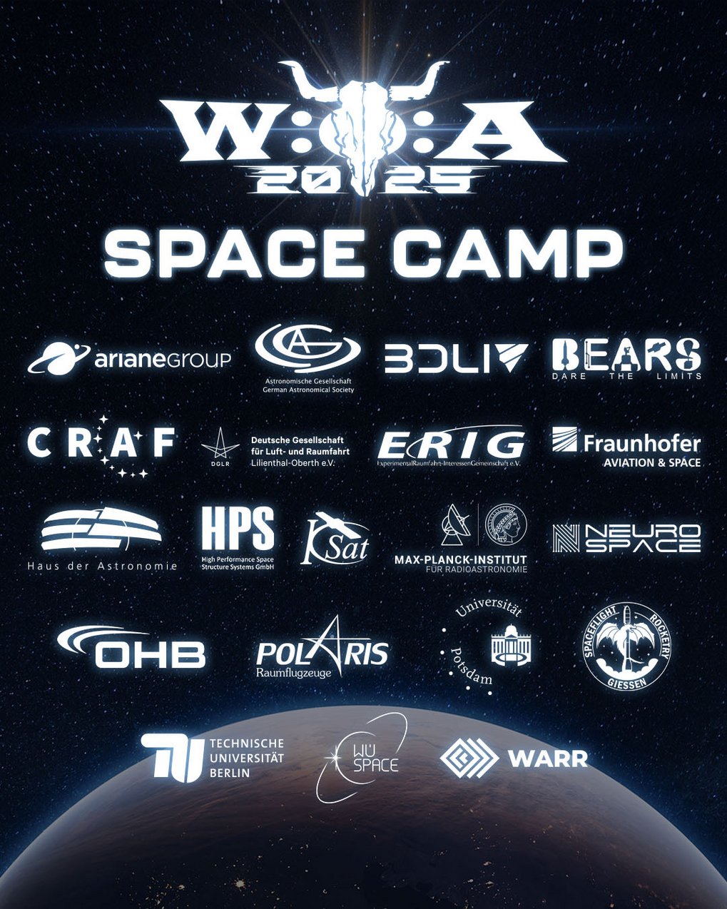 Poster with the Logos des Wacken Open Air 2025 and the partners of the Space Camp on a dark background; at the bottom the surface of a planet as seen from space