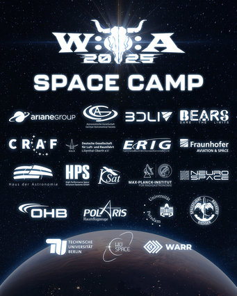 Poster with the Logos des Wacken Open Air 2025 and the partners of the Space Camp on a dark background; at the bottom the surface of a planet as seen from space