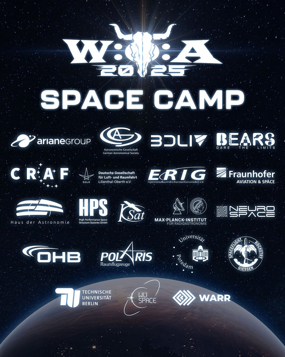 Poster with the Logos des Wacken Open Air 2025 and the partners of the Space Camp on a dark background; at the bottom the surface of a planet as seen from space 