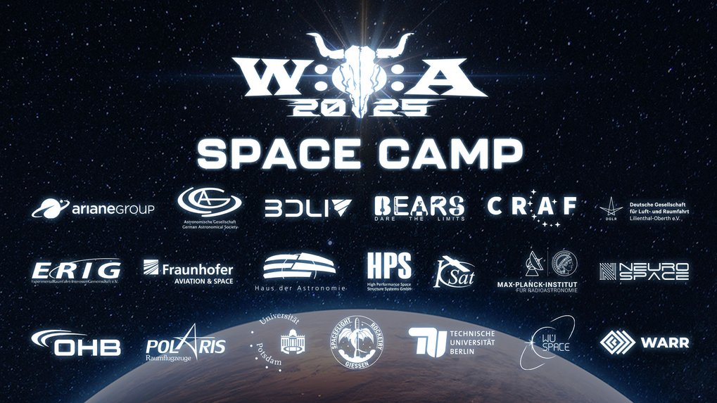 Poster with the Logos des Wacken Open Air 2025 and the partners of the Space Camp on a dark background; at the bottom the surface of a planet as seen from space 