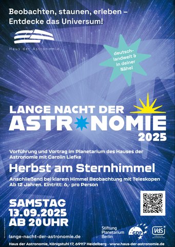 Poster zur Langen Nacht der Astronomie am 13. September 2025 mit Ankündigung der Planetariumsvorführung "Herbst am Sternhimmel" mit Carolin Liefke um 20 Uhr