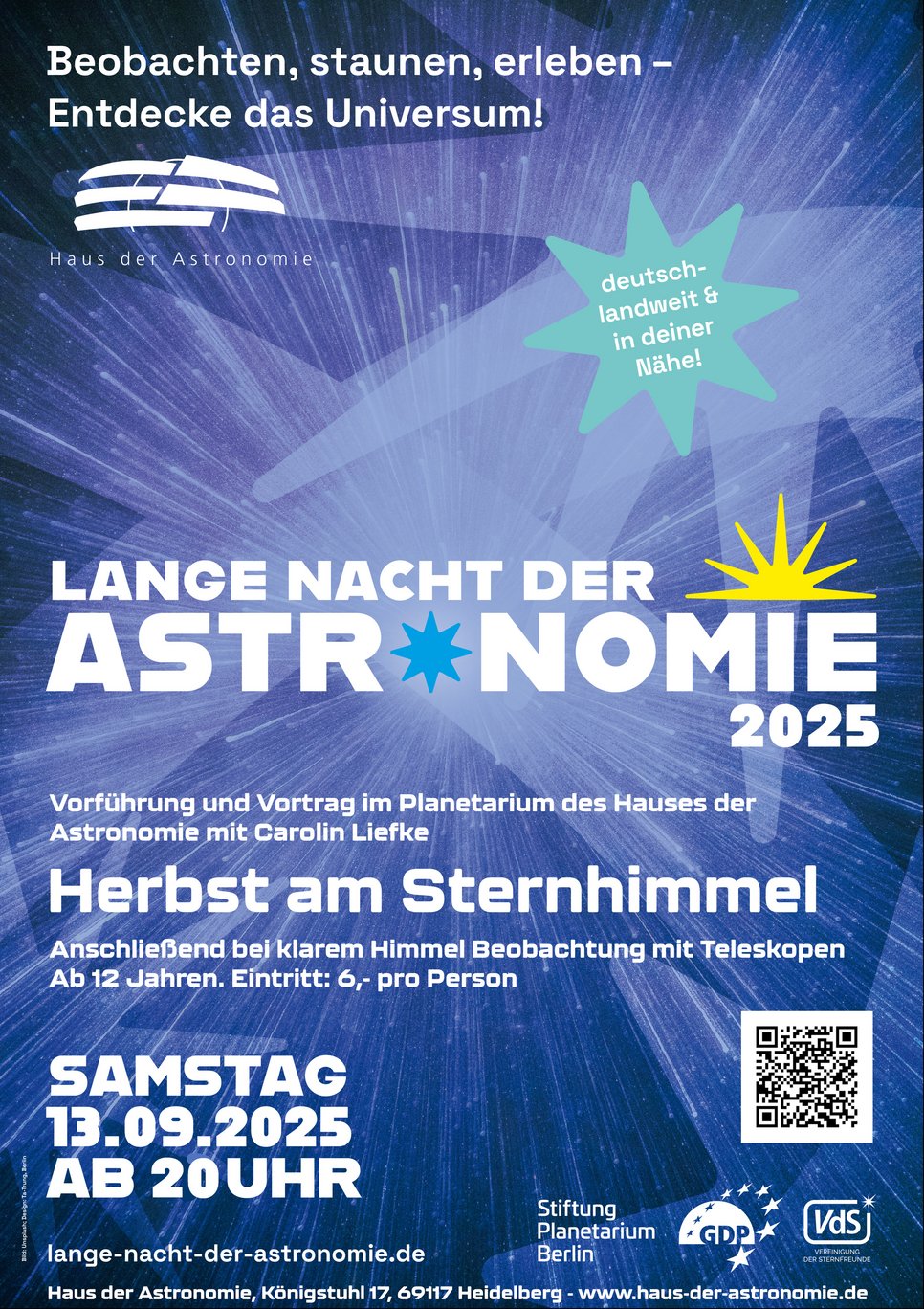 Poster zur Langen Nacht der Astronomie am 13. September 2025 mit Ankündigung der Planetariumsvorführung "Herbst am Sternhimmel" mit Carolin Liefke um 20 Uhr