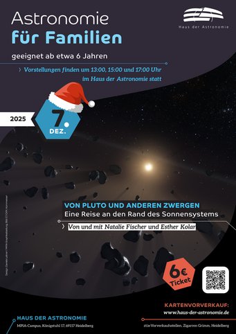 Blick auf und durch den Kuipergürtel Poster für die Weihnachtsveranstaltung "Von Pluto und anderen Zwergen" mit Natalie Fischer und Esther Kolar am 7. Dezember 2025 um 13:00 Uhr, 15:00 Uhr und 17:00 Uhr im Planetarium des Hauses der Astronomie. Königstuhl 17, 69117 Heidelberg, Eintritt 6 Euro pro Person. Im Hintergrund eine künstlerische Darstellung eines Asteroidengürtels um einen gelben Stern
