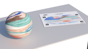 Darstellung eines mit Buntstift auf Papier gezeichneten Planeten als dreidimensionale Kugel