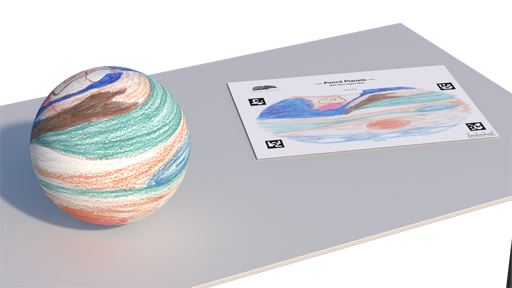 Darstellung eines mit Buntstift auf Papier gezeichneten Planeten als dreidimensionale Kugel