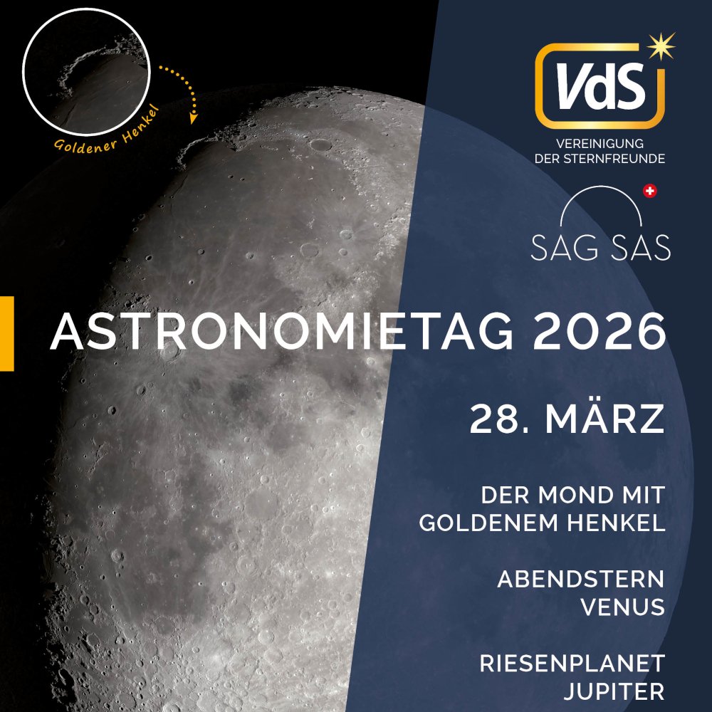 Banner des Astronomietags von der Vereinigung der Sternfreunde und der Schweizerischen Astronomischen Gesellschaft am 28. März 2026 mit einer Teleskopaufnahme des zunehmenden Mondes, auf dem der Goldene Henkel markiert ist