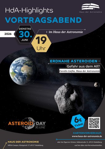 Poster für den Vortrag "Erdnahe Asteroiden - Gefahr aus dem All? am 30. Juni 2026um 19 Uhr. Ein Asteroid mit verkraterter Oberfläche und kleinem Begleiter fliegt im Hintergrund von links nach rechts durch das Bild, dazu die Erde und die Milchstraße