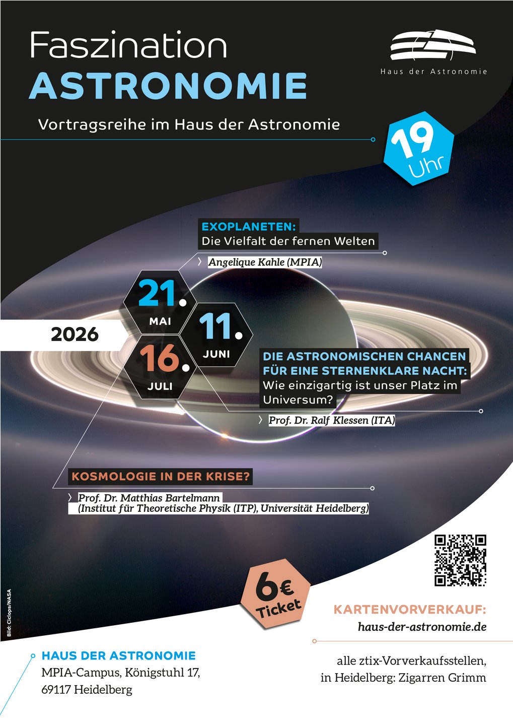 Poster der Vortragsreihe Faszination Astronomie am Haus der Astronomie für Mai, Juni und Juli 2026