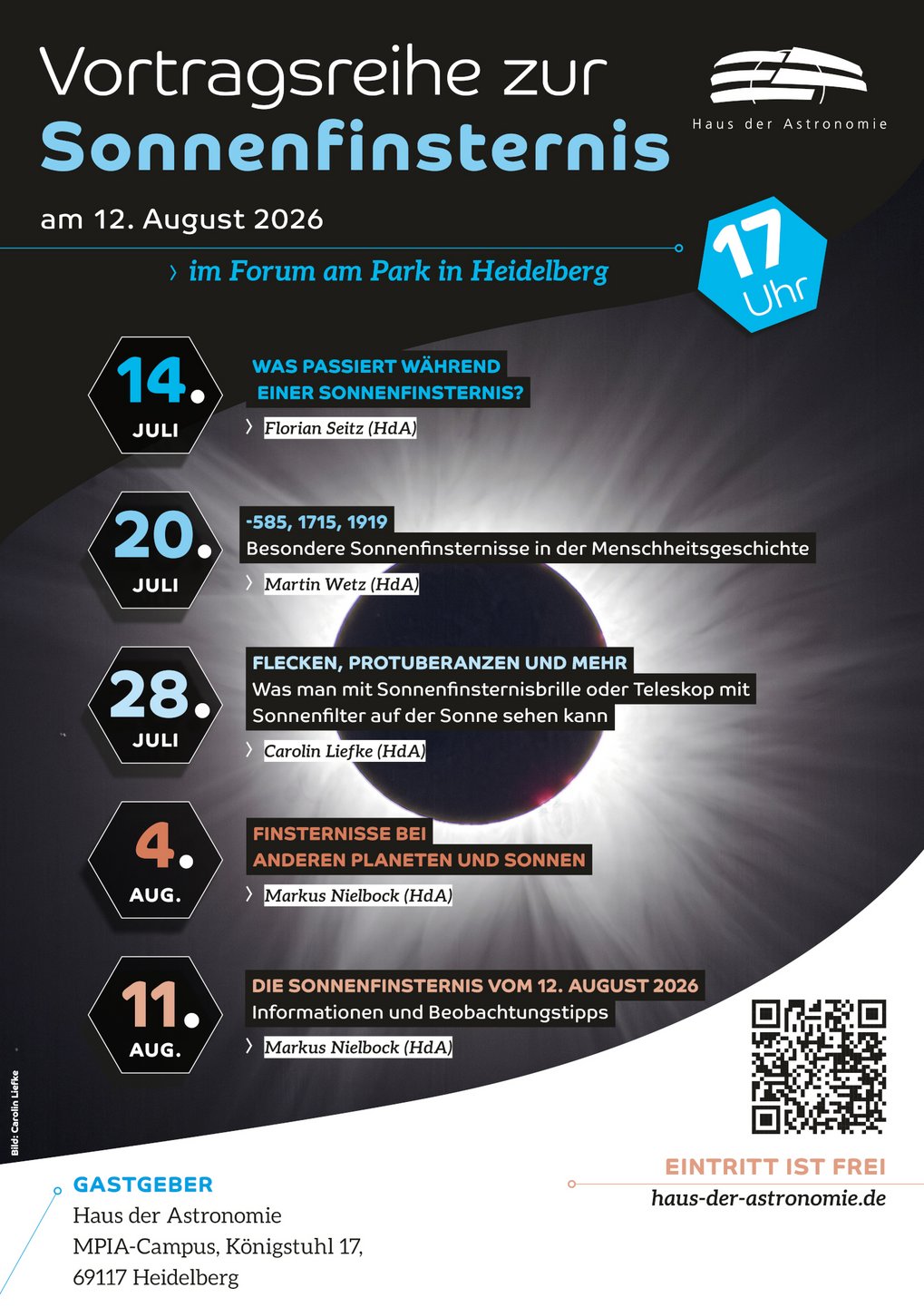 Plakat für eine Vortragsreihe zur Sonnenfinsternis mit fünf Terminen von Juli bis August 2026, jeweils um 17 Uhr im Forum am Park in Heidelberg, mit Themen zu Sonnenfinsternissen und Referenten vom Haus der Astronomie