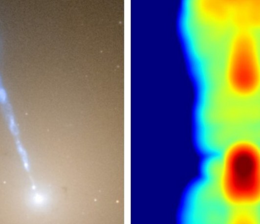 Links: M87 mit HSt/NASA beobachtet, rechts: Radiodaten simuliert von Christian Fendt